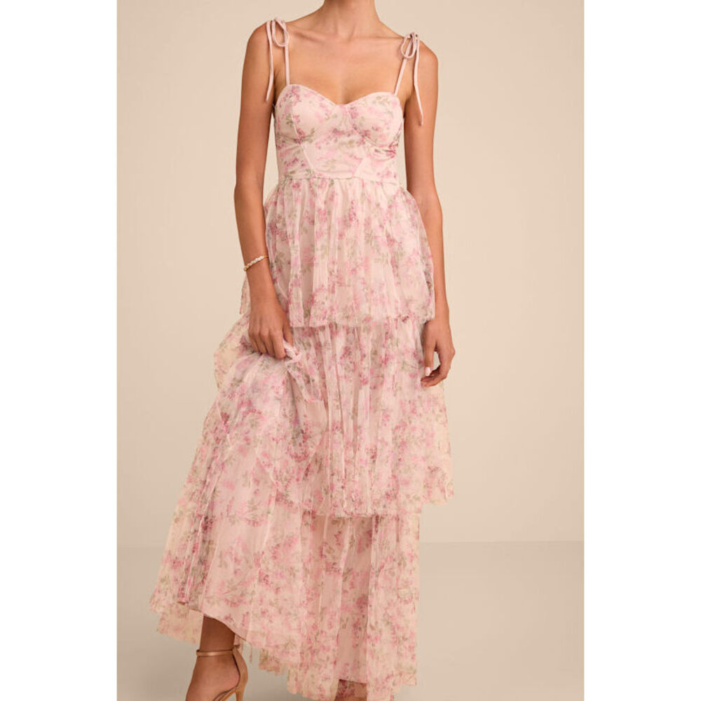 Lulus Blissfully Gorgeous Blush Floral Tie-strap Bustier Maxi Dress Pink